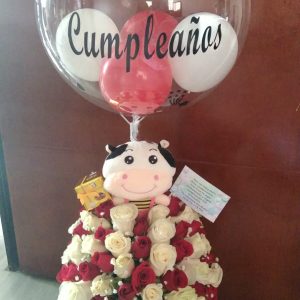 Balde grande de rosas, peluche y globo