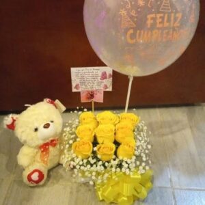 Caja por 9 rosas, peluche y globo