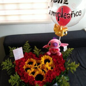 Corazon de 8 girasoles, rosas, peluche y globo