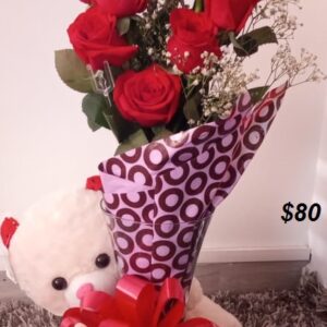 Florero peluche y 12 rosas