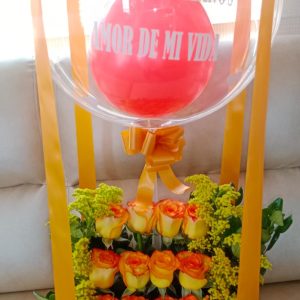 Caja por 11 rosas y globo transparente